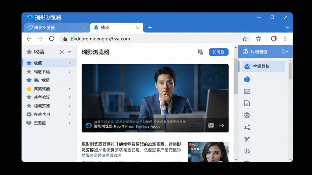 主体:瑞影浏览器软件主界面,展示其整洁的浏览窗口和特色功能模块。布局:界面中央显示一个加载完成的新闻资讯页面,左侧为书签收藏栏,右侧为功能插件侧边栏,顶部为标签页和地址栏。排版:采用现代简约的浏览器UI设计,功能图标清晰排列,色彩搭配以蓝色和白色为主色调。风格:扁平化设计与轻微拟物感结合,画面通透且专业。细节:浏览器窗口边缘有柔和的阴影,界面上有“瑞影浏览器”的Logo与字样,页面内容清晰可辨。画质:4K超高清渲染,细节丰富,色彩准确,干净无多余元素。