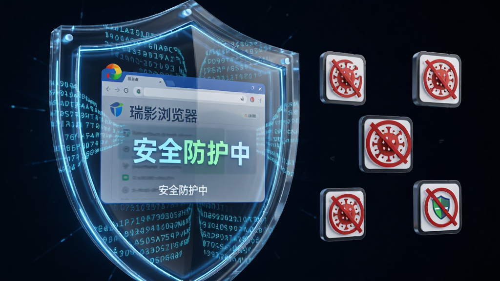 主体:一个巨大的透明防护盾牌,内部包裹着“瑞影浏览器”的浏览窗口。布局:盾牌位于画面中央偏左,右侧为一些被拦截的病毒和木马图标。排版:盾牌由科技感的光线构成,表面有流动的数据密码纹路。风格:3D科幻风格渲染。细节:盾牌上有“安全防护中”的字样,被拦截的图标带有红色禁止符号。画质:光影质感出色,画面深邃且干净,突出主题。