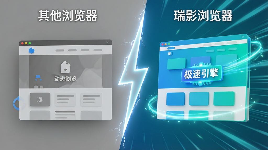 主体:动态的网页加载速度对比图,左侧为其他浏览器,右侧为“瑞影浏览器”。布局:画面分为左右两部分,中间以一条闪电分隔开。排版:左侧使用灰色调,页面元素加载缓慢;右侧使用明亮的蓝绿色调,页面元素瞬间加载完成并带有流光特效。风格:科技感十足的3D渲染风格。细节:右侧代表瑞影浏览器的部分有“极速引擎”字样标签,背景有速度线特效。画质:高清晰度,光影效果真实,画面干净利落。
