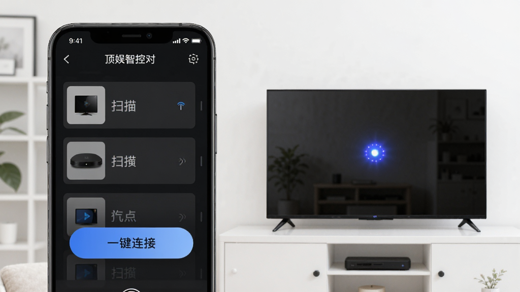 ��������Ϊ�����ǿ�APP���豸��Խ��棬�ֻ���Ļ����ʾɨ�赽���豸�б����Ա���һ̨������˸��ʾ�Ƶĵ��ӣ����岼�����Һ�Ӧ����������죬ϸ��ͻ����һ�����ӡ���ť�����������ɾ����޶���Ԫ��