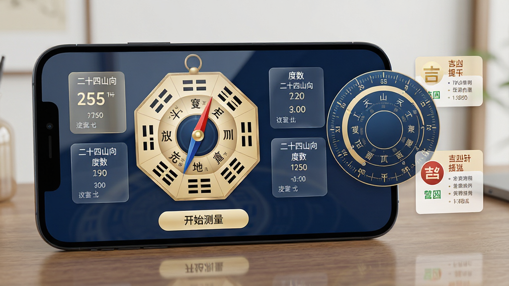 主体:智能手机横屏展示免费风水指南针应用界面,屏幕中央是一个精致的传统风水罗盘,指针指向正南方向,界面周围有半透明的数据面板显示“二十四山向”、“度数”等信息。布局:手机居中偏左,右侧悬浮显示方位刻度环与吉凶提示卡片。排版:界面清爽,罗盘下方有“开始测量”按钮。风格:现代科技感与传统元素融合,浅金色与深蓝配色,背景为简约的室内实木桌面。细节:罗盘上刻有清晰的八卦符号与天干地支文字,屏幕反光自然。画质:高清渲染,干净,无多余元素。