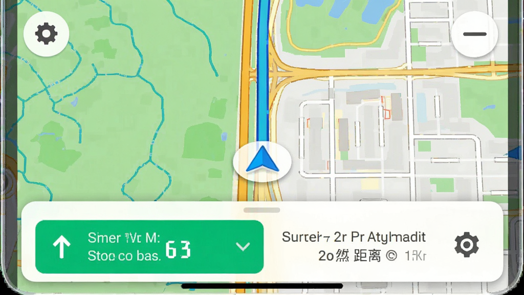 四通八达使用界面截图:手机屏幕显示导航地图,底部有路线详情卡片,包含剩余时间与距离,左上角设置按钮,整体界面干净,地图色彩鲜艳,细节清晰,画质高清,无多余元素