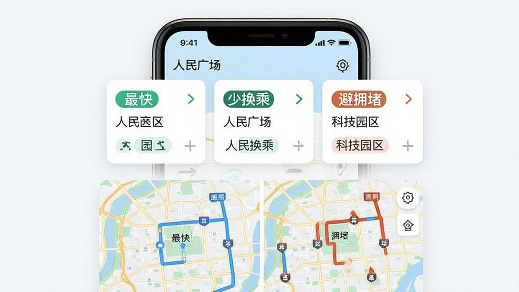 四通八达路线规划功能展示图:画面中央为手机应用截图,展示从“人民广场”到“科技园区”的三条推荐路线卡片,分别标注“最快”“少换乘”“避拥堵”标签,下方显示地图路线对比,整体排版整齐,风格清新,细节清晰,画质细腻,无多余元素