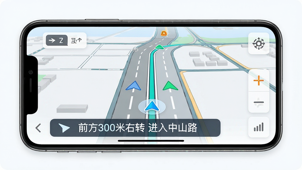 四通八达离线地图与语音导航界面:手机横屏显示导航地图,底部有“前方300米右转进入中山路”的语音播报条,地图上显示车道引导箭头,界面简洁,有信号弱提示图标,整体风格科技感强,画质细腻干净,无多余元素