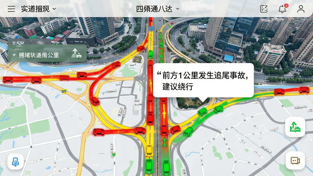 四通八达实时路况预警示意图:地图上以红黄绿三色标记道路拥堵状态,并有弹窗提示“前方1公里发生追尾事故,建议绕行”,背景为城市道路鸟瞰视角,界面UI精致,信息层级分明,画质清晰,干净无多余元素