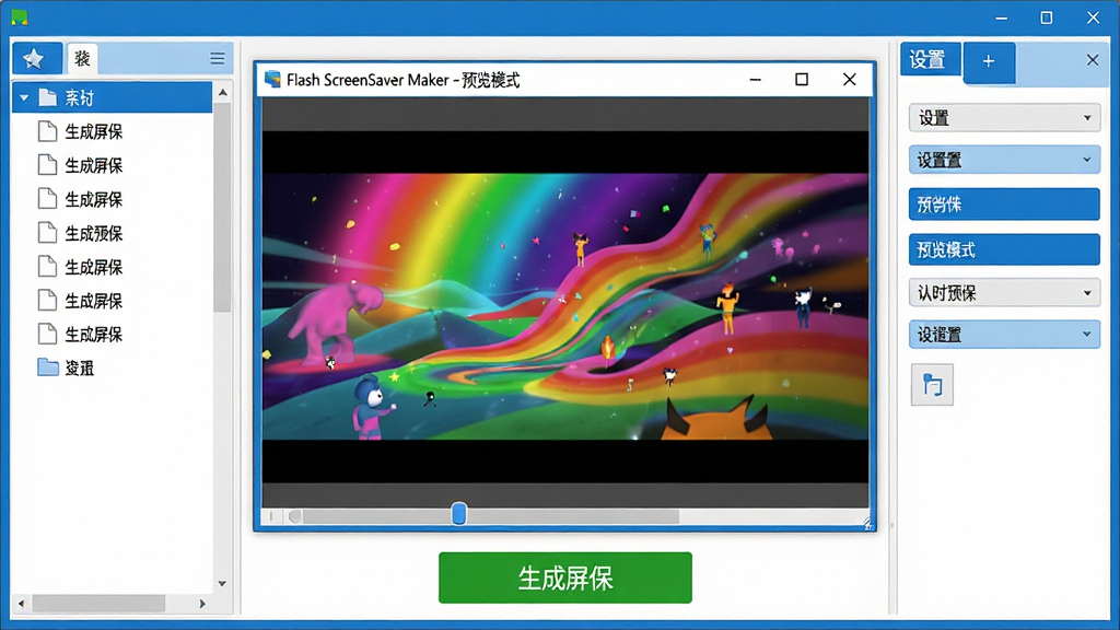 主体:一个简洁的软件操作界面截图风格图。布局:界面左侧是文件列表,中间是大尺寸的实时预览窗口,右侧是设置选项面板。排版:窗口各功能区块划分清晰,按钮标识明确。风格:扁平化UI设计风格,主色调为蓝白搭配。细节:预览窗口中正播放着色彩斑斓的Flash动画,窗口标题栏显示“Flash ScreenSaver Maker - 预览模式”,界面下方有一个醒目的绿色“生成屏保”按钮。画质:高分辨率,界面文字清晰可读,干净,无多余元素。