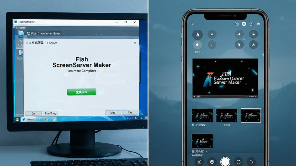 主体:一张分屏对比图。左侧是电脑端运行Flash ScreenSaver Maker的界面截图,右侧是手机端通过远程控制软件查看屏保效果的画面。布局:左右对称,中间用一条细线分隔。排版:界面元素清晰,手机端画面显示屏保运行正常。风格:写实与UI混合风格,色调偏冷色。细节:电脑屏幕上软件处于“生成屏保”完成状态,手机屏幕显示生成的屏保在桌面上预览的缩略图。画质:高清,细节锐利,干净,无多余元素。