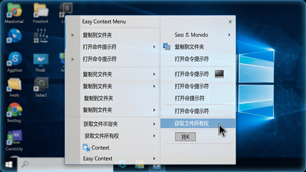 ���壺һ���ִ�����Windows���������д�������Ǵ򿪵��Ҽ��˵����˵���������ʾ��Easy Context Menu�����ӵĶ������ѡ��硰���Ƶ��ļ��С�������������ʾ�����ȡ����֣��˵����Ϊϵͳͼ���б����Ҳ�Ϊ�������֣�����˵��㼶�������Ű棺�˵���Ŀ�������У�������ʾ�������ܡ����дʵ��Ⱦ������������ɫ��������ϸ�ڣ���Ļ��Ե����⣬�����ֽΪ����ɫ�Ƽ���ͼ�������ָ����ͣ�ڡ���ȡ�ļ�����Ȩ��ѡ���ϡ����ʣ�8K�����壬ϸ�ڷḻ���ɾ����޶���Ԫ�ء�