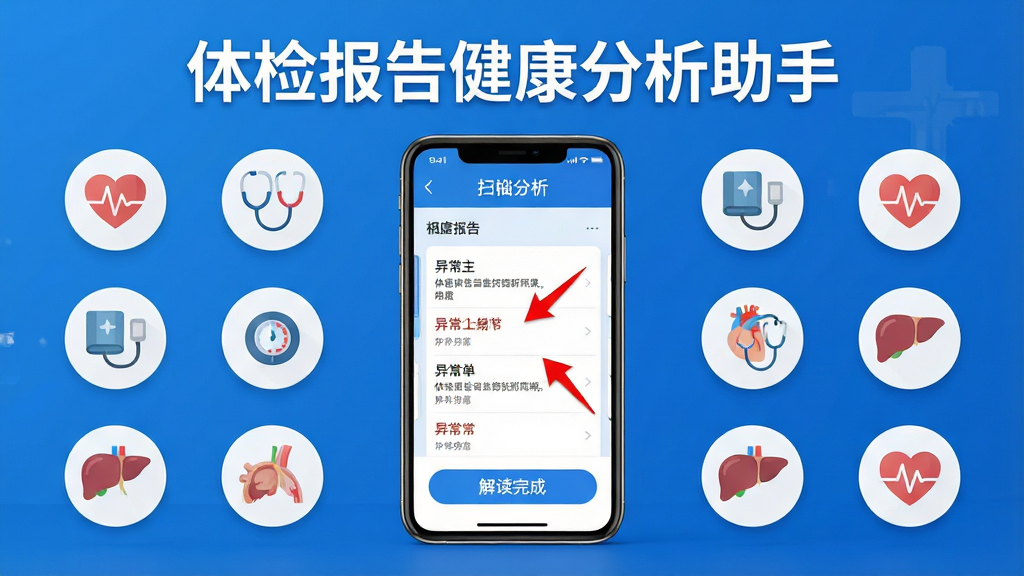 ���壺��챨�潡����������APP����չʾ���ֻ���Ļ����ʾ��챨�浥ɨ������������Ϸ��С���챨�潡���������֡����������֣����Ĺ�ͼ���ֻ�λ���Ӿ����ģ���Χ�����ĵ�ͼ��Ѫѹ�ơ�����Ƚ���ͼ�ꡣ�Ű棺�������������ͻ����ͼ���������С�����ִ�ҽѧ�����ɫ��ɫ�����ɾ�������ϸ�ڣ��ֻ���Ļ��չʾ��������������ɫ��ͷ����쳣��·��С������ɡ���ť�����ʣ�������Ⱦ���ɾ����޶���Ԫ�ء�