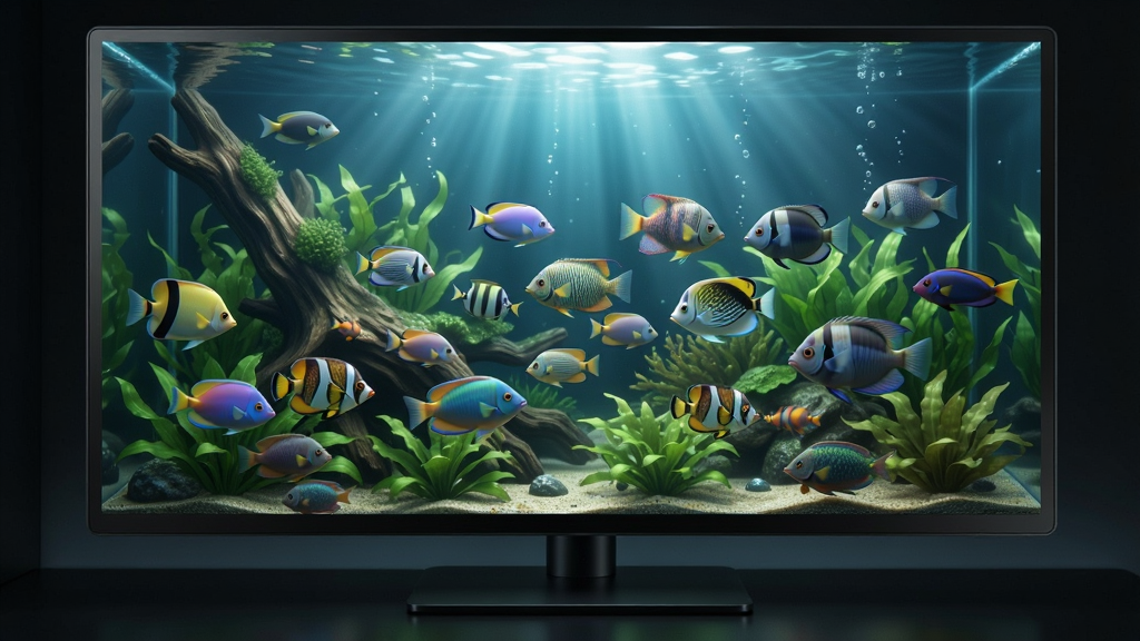 主体:一个宽屏电脑显示器上显示着梦幻水族箱Dream Aquarium的逼真水下场景,画面中央是一群色彩鲜艳的热带鱼在茂盛的水草间穿梭,背景有沉木和岩石,光线从水面上方洒落,形成丁达尔效应。布局:显示器居中,屏幕占比80%,周围是简洁的深色桌面环境。排版:屏幕内画面饱满,展示完整的水族箱全景,鱼群分布错落有致。风格:超写实3D渲染风格,光影自然,色彩鲜艳且通透,具有商业级数字艺术质感。细节:鱼鳞反光清晰可见,水草叶片纹理精细,水中有微小气泡飘动,屏幕边缘有微弱的高光反射。画质:8K超高清,细节丰富,画面干净无多余元素。