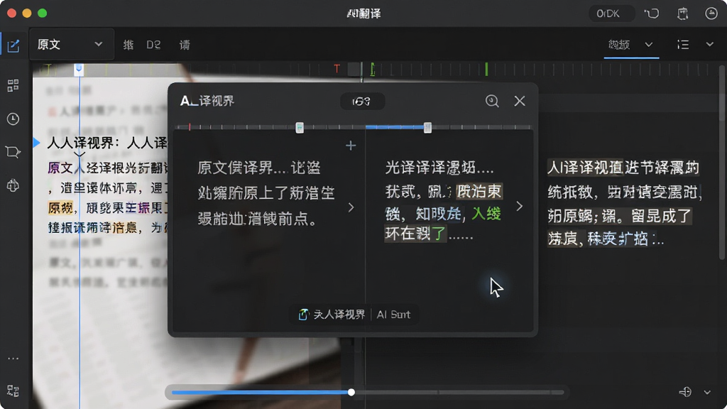 展示“人人译视界”AI翻译功能操作特写,画面中心为放大的字幕编辑框,左右两侧分别显示原文与AI译文,译文关键词高亮标记,背景为软件深色编辑器界面,布局对称,排版整齐,风格为写实屏幕截图风格,细节处有光标闪烁与翻译进度条,画质细腻清晰,色彩柔和,无多余元素。