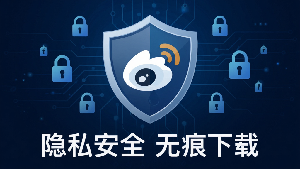 一张展示“水印微博”隐私保护功能的宣传图片,中央是一个盾牌图标,盾牌内嵌入一个水滴符号,背景为深蓝色科技感纹理,周围点缀着锁和加密符号,下方用文字标注“隐私安全 无痕下载”,整体风格严谨专业,画质干净,无多余元素。