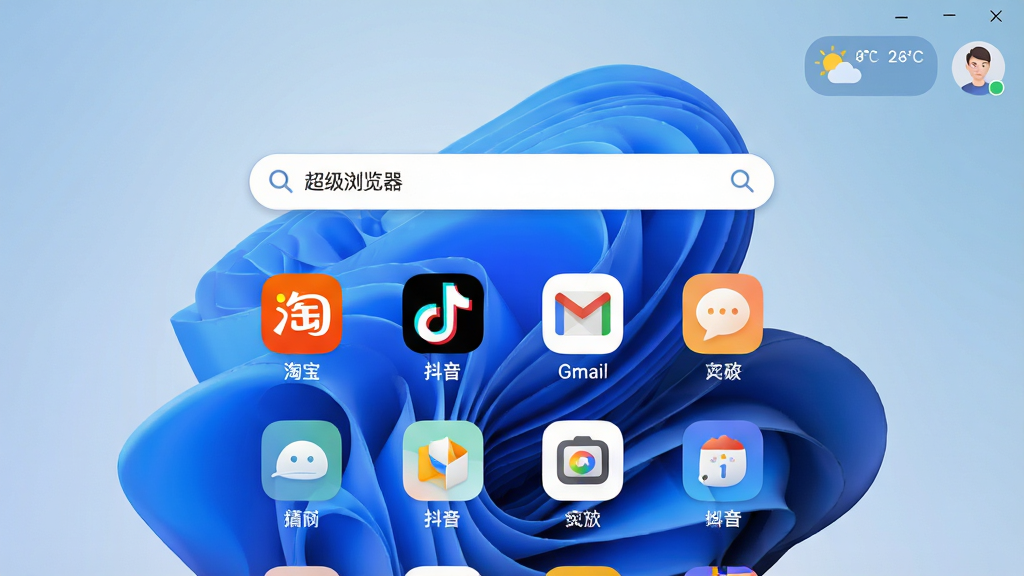 主体:超级浏览器的个性化起始页,展示自定义壁纸、快捷图标网格和搜索栏。布局:壁纸为蓝色渐变抽象图案,搜索栏位于顶部中央,下方为快捷图标网格。排版:图标排列整齐,每个图标下方有中文名称,如“淘宝”“抖音”“Gmail”。风格:清新简约风,整体色调柔和,图标圆润,背景干净。细节:右上角显示天气小组件和账号头像,搜索栏带有“超级浏览器”字样。画质:高清,干净,无多余元素。