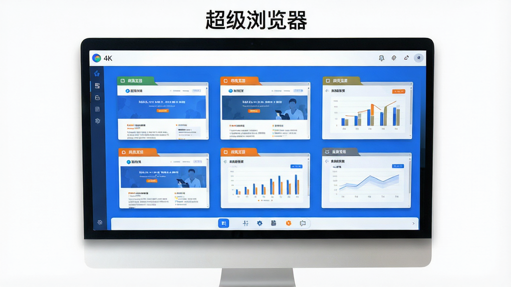 主体:超级浏览器软件主界面展示,电脑屏幕中显示多窗口多账号管理面板,每个窗口带有不同颜色的标签页。布局:主界面居中,四周留白,顶部有软件名称“超级浏览器”字样,底部有简洁的功能图标栏。排版:界面元素排列整齐,功能图标横向分布,窗口缩略图网格状排列。风格:现代科技感,扁平化设计,色彩以蓝色和白色为主,搭配少量橙色点缀。细节:屏幕中每个窗口内容清晰可辨,有网页、数据图表等,整体光线明亮,阴影自然。画质:4K高清,干净,无多余元素。