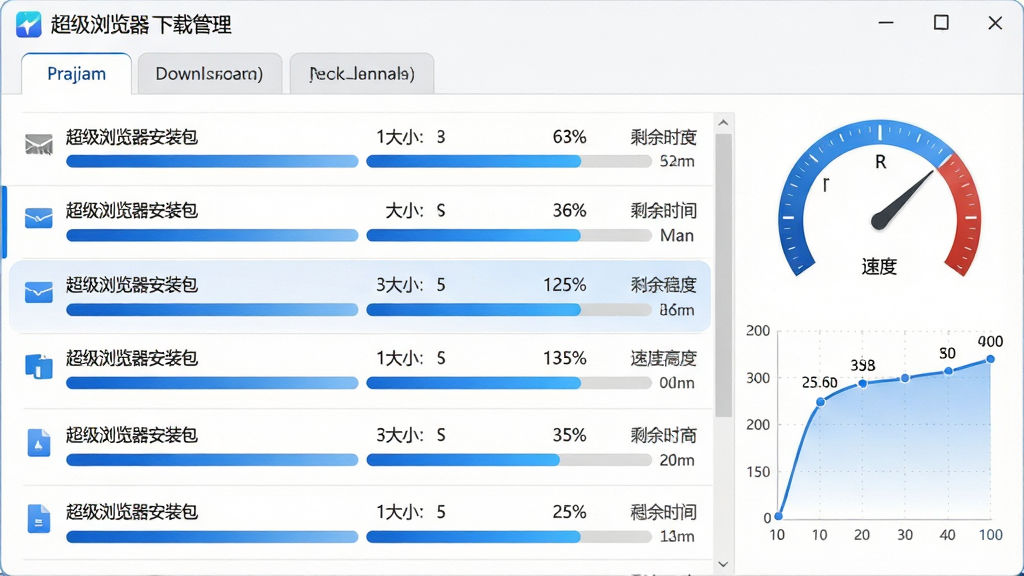 主体:超级浏览器的下载管理界面,显示多个下载任务进度条,速度曲线图清晰。布局:界面顶部为标签栏,下方为任务列表,右侧有速度仪表盘。排版:任务列表每行显示文件名、大小、进度百分比和剩余时间,进度条用蓝色渐变填充。风格:清爽实用风格,白色背景,蓝色进度条,灰色文字。细节:其中一个下载任务文件名标注为“超级浏览器安装包”,速度曲线显示高速稳定。画质:清晰锐利,干净,无多余元素。