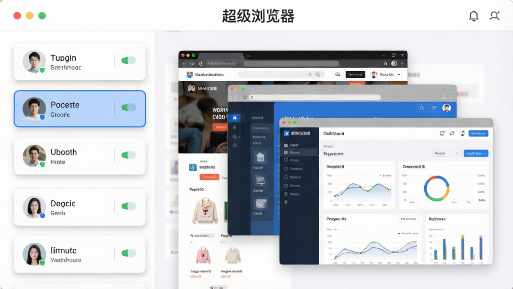 主体:超级浏览器多账号隔离界面,左侧为账号列表,右侧显示不同指纹环境的模拟窗口。布局:左右分栏结构,左侧列表清晰,右侧窗口重叠展示,上方有“超级浏览器”标识。排版:账号卡片整齐排列,每个卡片显示头像、名称和状态图标。风格:商务科技风,背景白色,卡片带浅灰色阴影,蓝色高亮选中状态。细节:窗口内展示不同网页内容,如购物平台、数据分析后台等,体现隔离效果。画质:高清细节,干净,无多余元素。