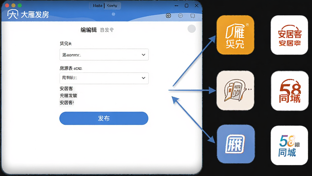 一张展示大雁发房一键分发功能的操作界面,画面中一个电脑窗口显示房源编辑表单,旁边有多个平台图标如贝壳、安居客、58同城等,用箭头指向“发布”按钮,整体风格简洁商务,突出“大雁发房”品牌,画质清晰,无多余元素