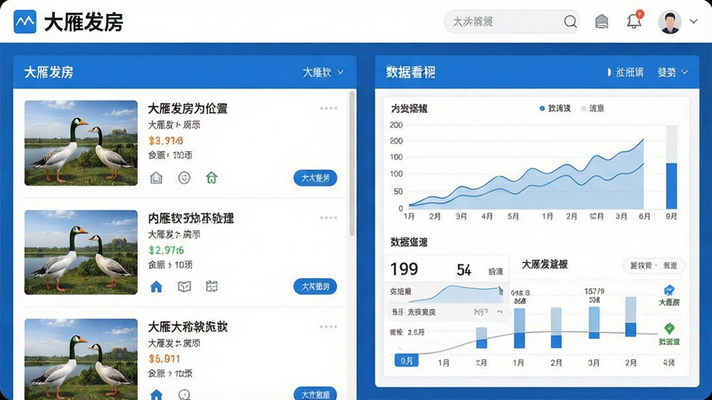 一张展示大雁发房软件主界面的高清截图,界面左侧为房源列表,右侧为数据看板,整体采用蓝白商务风格,界面干净整洁,文字清晰,突出“大雁发房”品牌名称,画质细腻,无多余元素