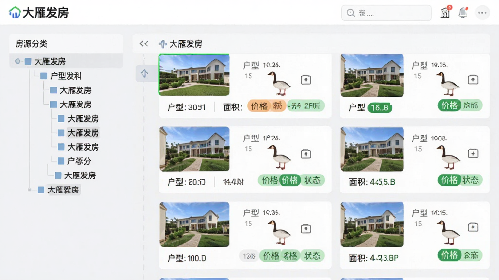 一张展示大雁发房房源管理功能的界面,左侧为房源分类树状图,右侧为房源卡片列表,每张卡片显示户型、面积、价格和状态标签,整体布局直观,采用浅灰背景,突出“大雁发房”品牌,画质干净,无多余元素