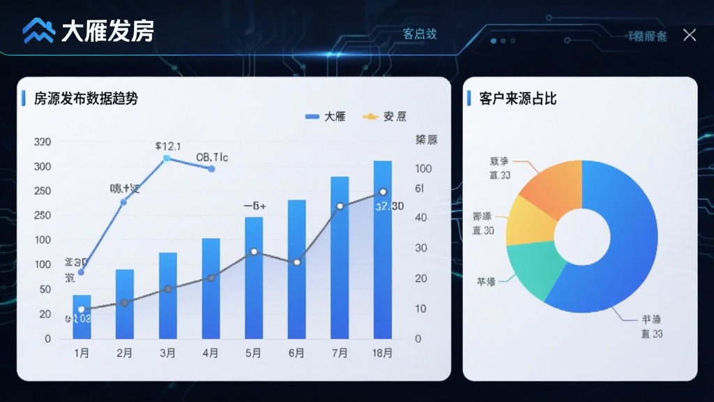 一张展示大雁发房数据统计功能的图表界面,包含柱状图、折线图和饼图,展示房源发布趋势和客户来源占比,整体风格科技感,突出“大雁发房”品牌,画质精美,无多余元素