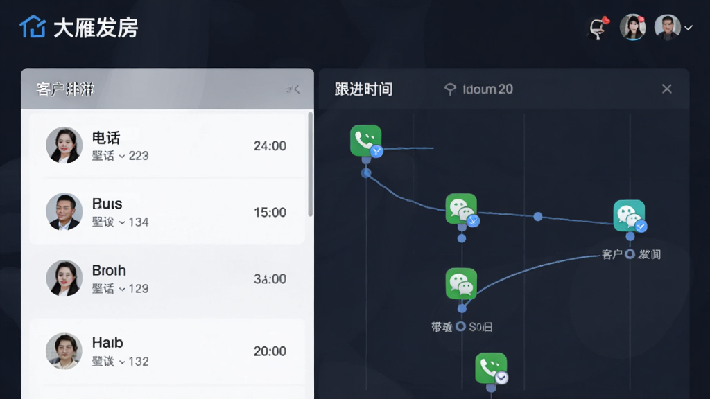 一张展示大雁发房客户跟进功能的界面,画面中显示客户列表和跟进时间线,时间线上有电话、微信、带看等图标,风格简约商务,突出“大雁发房”品牌,画质清晰,无多余元素