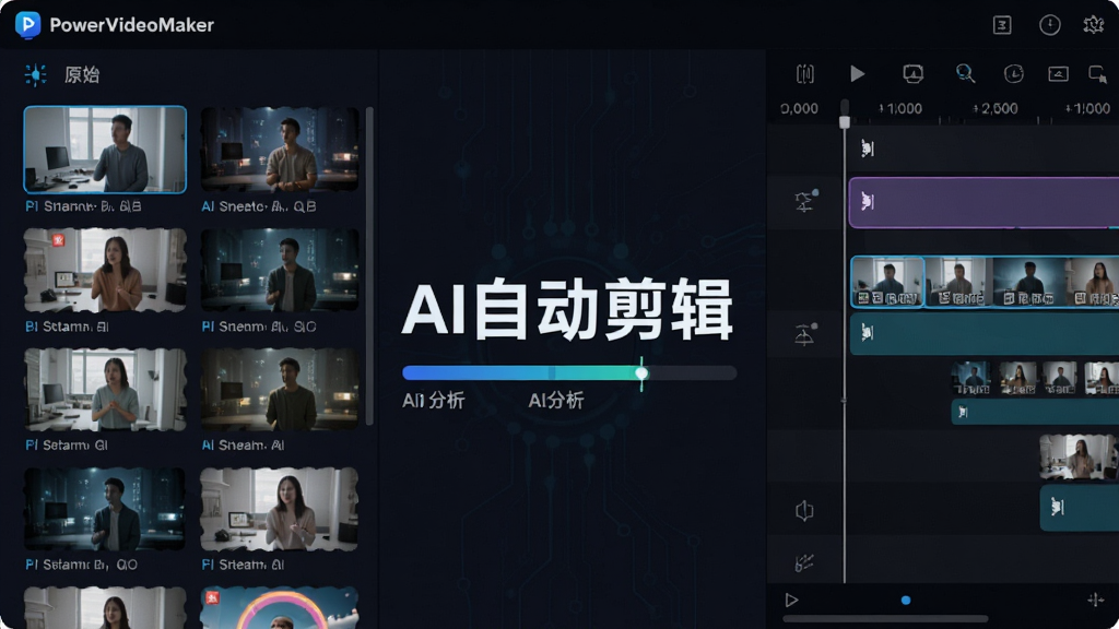 PowerVideoMaker�����ܼ������ܽ��棬�����ʾԭʼ�ز�Ƭ�Σ��Ҳ�Ϊ�Զ����ɵļ���ʱ���ߣ��м���AI����������������������ע��AI�Զ�������������������Ƽ���ʮ�㣬���ʸɾ��޶���Ԫ��