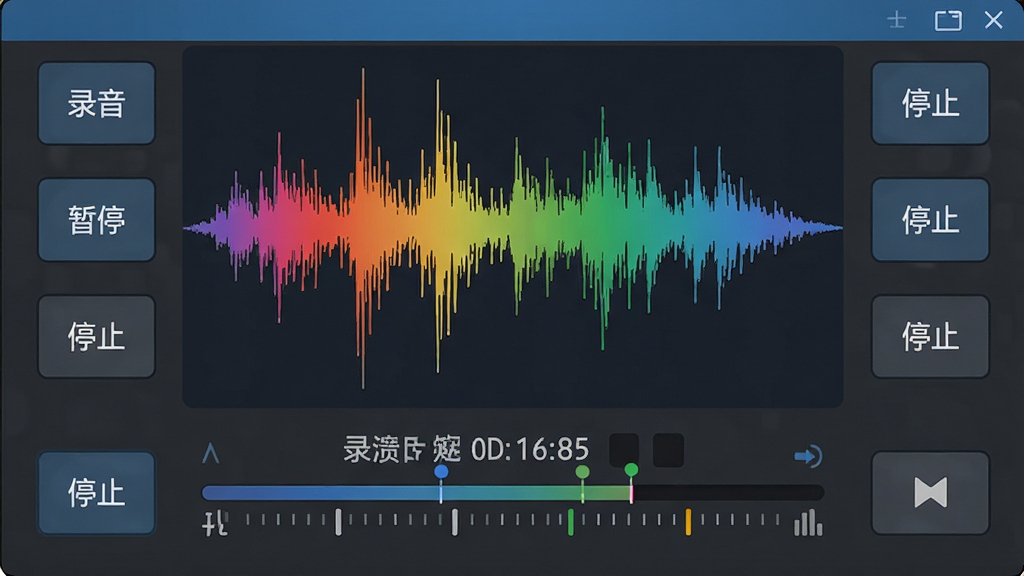 软件界面特写图,中央是彩色音频波形动态显示,下方有录制时间与音量刻度,周围按钮清晰标注