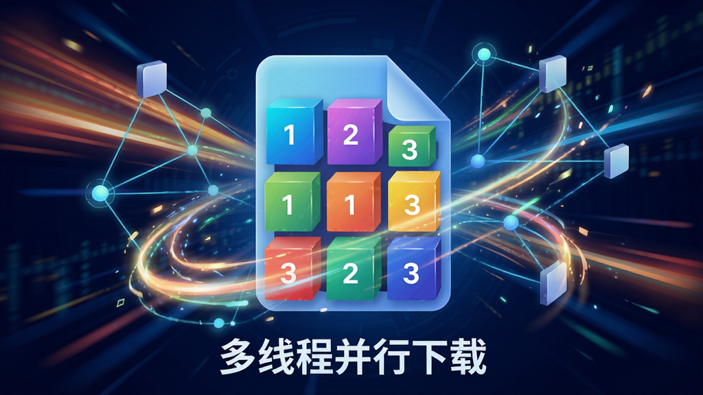 主体:ryBDown软件加速引擎功能示意图。布局:中央显示一个被分割为多个彩色数据块的文件图标,四周环绕疾速光线与网络节点。排版:数据块有序排列,光线动态感强。风格:抽象科技插画风格,色彩明亮。细节:每个数据块上标注1、2、3等序号,底部显示
