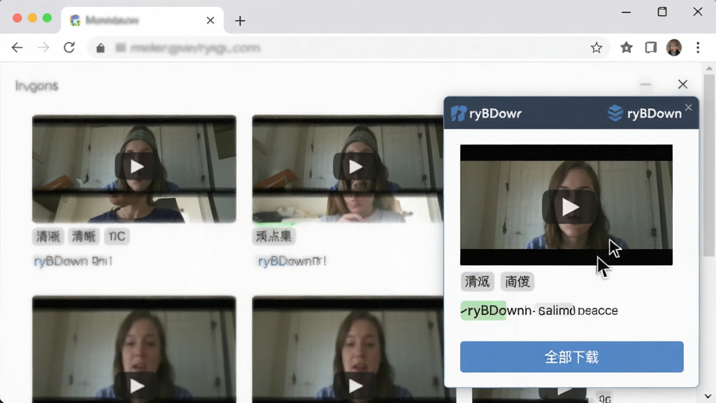 主体:浏览器页面右下角弹出ryBDown嗅探结果面板。布局:面板内列出多个视频缩略图和清晰度标签,底部有