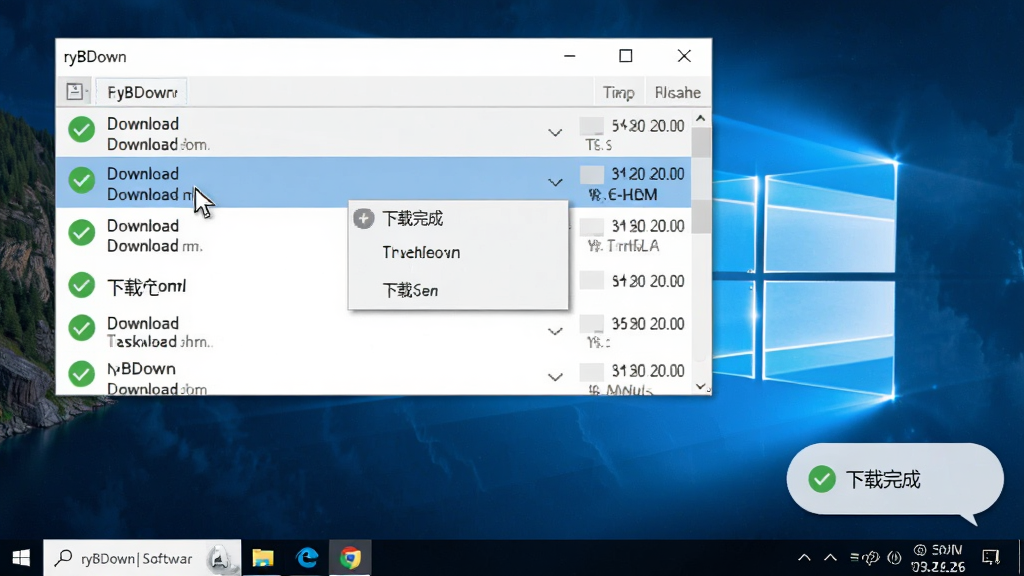 主体:ryBDown软件运行在Windows桌面上,界面显示多个下载完成的任务。布局:任务列表显示绿色对勾,右下角弹出气泡通知