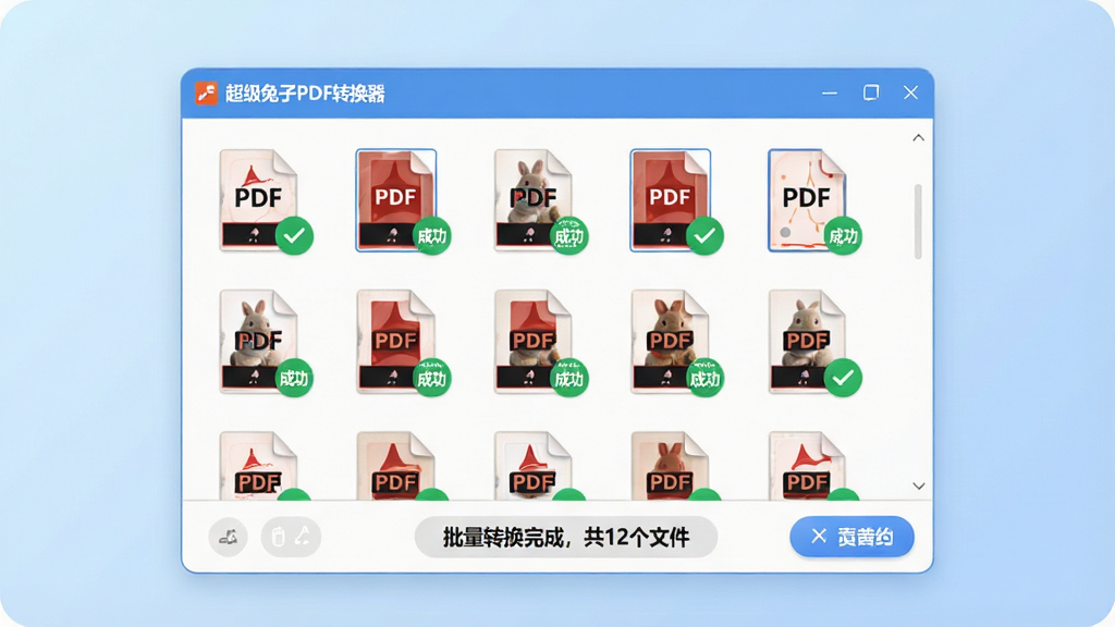 一张批量操作演示图,主体为“超级兔子PDF转换器”软件窗口,窗口内排列着多个PDF文件缩略图,每行文件后都有一个绿色的“成功”对勾标记。底部工具栏显示“批量转换完成,共12个文件”,整体界面整洁,按钮圆润,背景为柔和的浅蓝色渐变,办公风格,画质清晰。