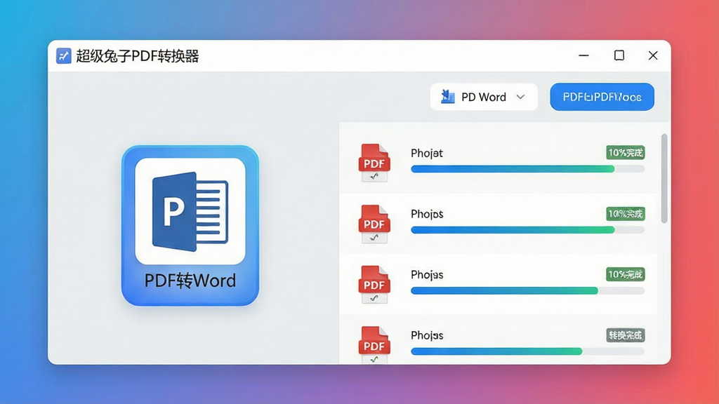 一张功能展示图,主体为“超级兔子PDF转换器”的格式转换界面,左侧显示“PDF转Word”高亮图标,右侧文件列表中有多个PDF文件正在转换,进度条显示100%完成。界面风格为扁平化,浅灰底色搭配蓝色按钮,文字清晰标注“转换完成”,背景为纯色渐变,干净无杂物,画质细腻。