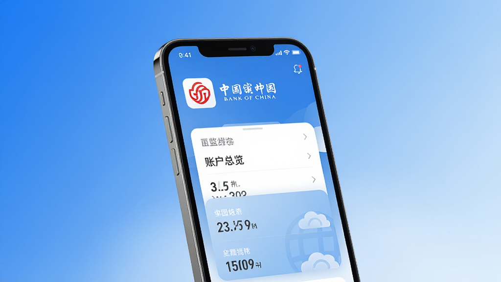 �й������ֻ�����app������չʾ���ֻ���Ļ��������ʾ��Bank of China��Ӧ��ͼ�꼰��ҳ�˻���������ģ�飬����Ϊ������ɫ�����ִ���Լ��񣬲������࣬UI������������ʸ���ɾ����޶���Ԫ��