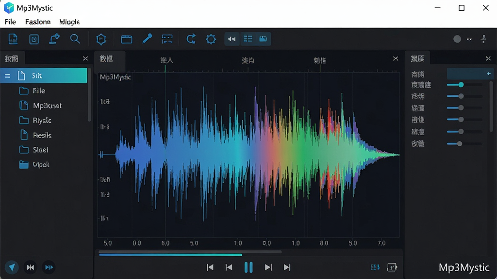 ���壺�������Ƶ�༭����Mp3Mystic�������棬��ɫ����������ͼռ�����롣���֣��Ϸ�Ϊ�˵����빤���������Ϊ�ļ��б����Ҳ�Ϊ������壬����Գơ��Ű棺���������в�Σ�ͼ��������ࡣ����ִ���ƽ����ƣ���ɫ����ɫ�����׺��ϸ�ڣ�����ͼ��ʾ��ɫƵ�ף��ײ��в��ſ����������ڽ�����ʾ��Mp3Mystic�����������ʣ�������Ⱦ���ɾ��޶���Ԫ�ء�
