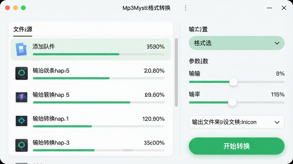 ���壺Mp3Mystic��ʽת�����ܽ��棬Դ�ļ��б������������岢�С����֣����Ϊ����ק���ӵ��ļ����У��Ҳ�Ϊ��ʽѡ�������˵���������顣�Ű棺����б�����������룬��ť����Բ����ơ������ˬǳɫ���棬��ɫ������ʾ����ʼת������ť��ϸ�ڣ�ÿ���ļ�����ʾ���Ȱٷֱȣ�����ļ���·���ɼ������ʣ�ϸ��UI��Ⱦ���ɾ��޶���Ԫ�ء�