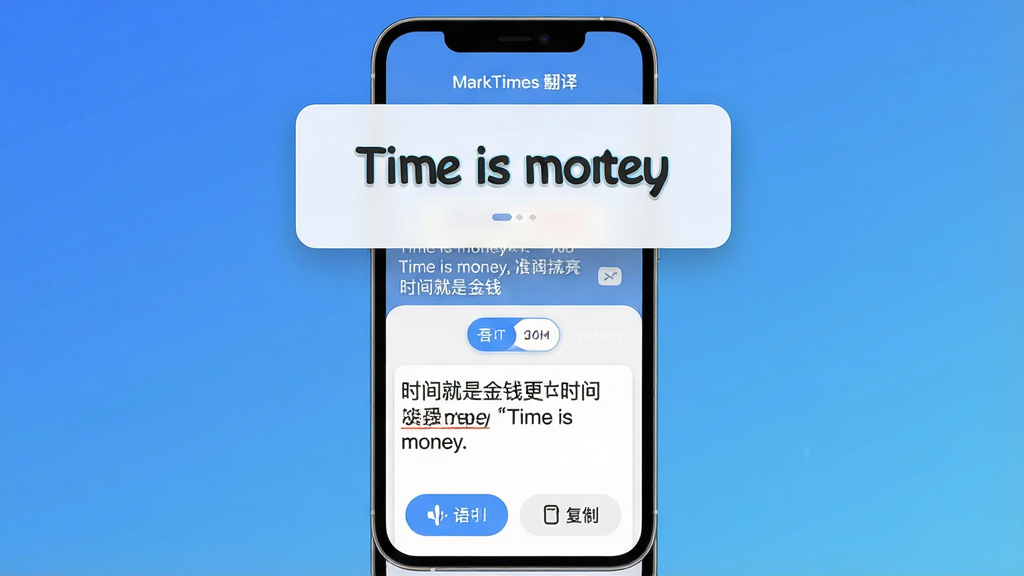 ���壺�ֻ���Ļ��ʾMarkTimes������棬�Ϸ�ΪӢ��ԭ�ģ��·�Ϊ�������ģ��м����л���ť�����֣��ֻ���ֱ���У�����Ϊ����ɫ���Ϸ�������������Ƭ���Ű棺���������ô��ֺţ��Ա��������ײ��������ʶ��븴�ư�ť����񣺽����࣬���Բ�ǡ�ϸ�ڣ�ԭ��Ϊ��Time is money��������Ϊ��ʱ����ǽ�Ǯ���������С�MarkTimes ���롱���������ʣ����壬�ɾ����޶���Ԫ�ء�
