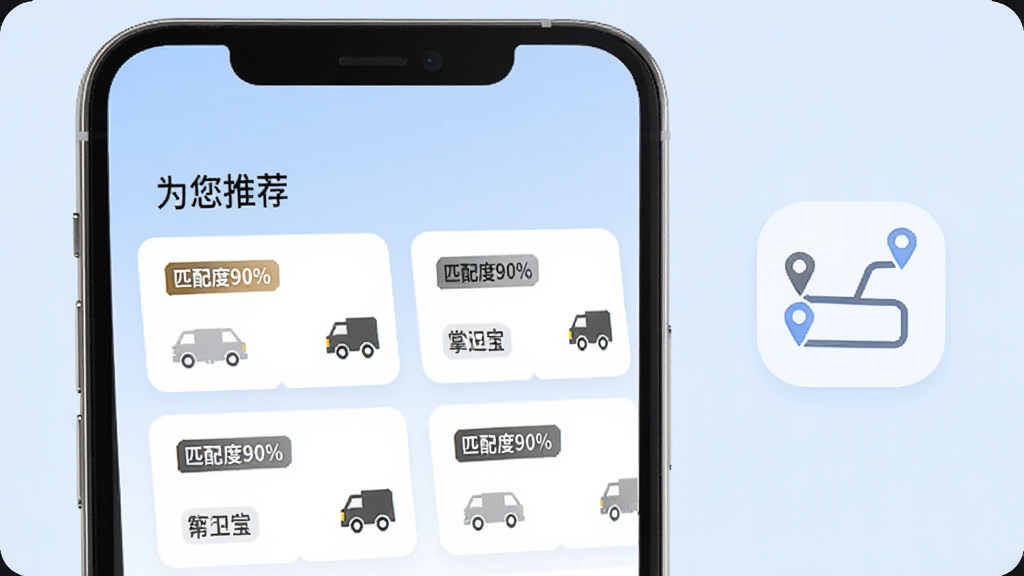���˱�APP������ƥ�书�ܽ��棬��Ļ������ʾ��Ϊ���Ƽ�����Ŀ���·����ж�����Դ��Ƭ��ÿ����Ƭ��ע��ƥ���90%���ȱ�ǩ���Ա��г���ͼ�꣬�������ǳ��ɫ������Բ�ǿ�Ƭ��ƣ��ֻ�����չʾ���Ա��м���·��ͼͼ�꣬��������ˬרҵ�������������޶���Ԫ��