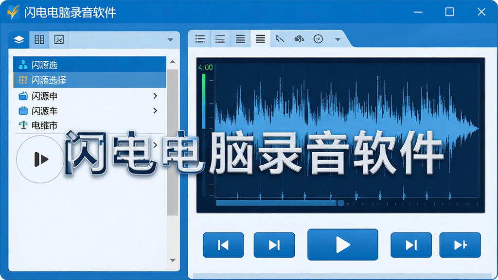 一张展示闪电电脑录音软件主界面的高清图片,界面布局简洁,左侧为音源选择区域,右侧为波形显示与录音控制按钮,整体采用蓝白科技风格,画面明亮干净,突出软件名称“闪电电脑录音软件”字样,画质清晰,无多余元素