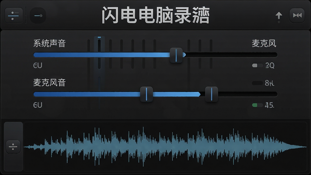 一张闪电电脑录音软件多音源混合录制界面的效果图,画面中央显示两个音量调节滑条,分别标注“系统声音”和“麦克风”,下方为混合预览波形,整体采用深色主题,突出软件名称,画质细腻,无多余元素
