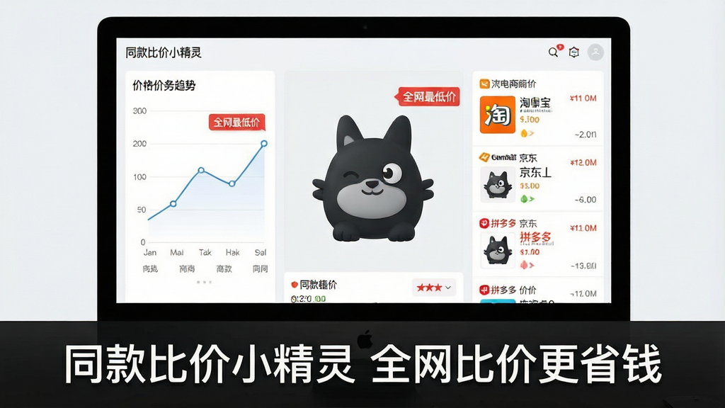 一张高清产品功能预览图,主体为电脑屏幕中显示的“同款比价小精灵”软件界面,布局为商品大图居中,左侧为价格趋势曲线,右侧为各大电商平台如淘宝、京东、拼多多的同款商品价格列表,排版清晰直观,风格现代简约,细节处显示“全网最低价”红色标签,画质清晰干净,无多余元素,图片下方配文字“同款比价小精灵 全网比价更省钱”。