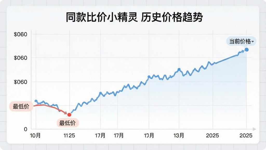 一张数据图表展示图,主体为“同款比价小精灵”软件界面中的价格走势折线图,布局为图表占据画面中央,横轴为日期,纵轴为价格,细节标出最低价点与当前价格点,风格清新简洁,背景为浅灰色网格,画质清晰干净,无多余元素,图表上方有“同款比价小精灵 历史价格趋势”字样。