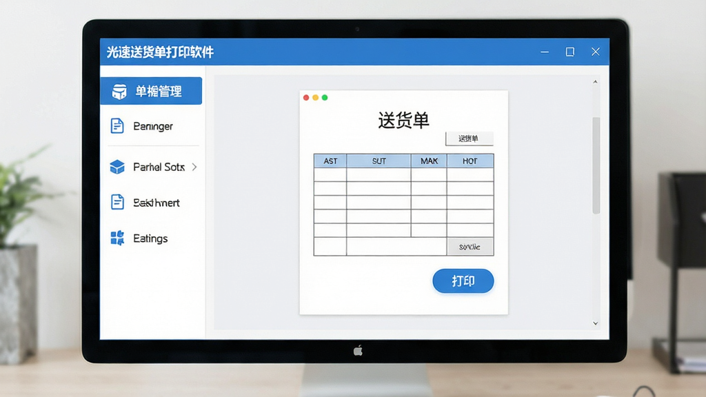主体:一款名为“光速送货单打印软件”的电脑桌面软件界面,屏幕中央显示一张设计简洁的送货单模板,周围有单据管理、模板设置等功能按钮,界面风格清爽专业;布局:软件主窗口居中,左侧为功能导航栏,右侧为单据预览区,整体排版均衡;风格:扁平化设计,主色调为蓝白搭配,图标线条简洁大方;细节:单据上清晰显示“送货单”字样及表格线条,预览区有打印按钮高亮;画质:高清,干净,无多余元素。