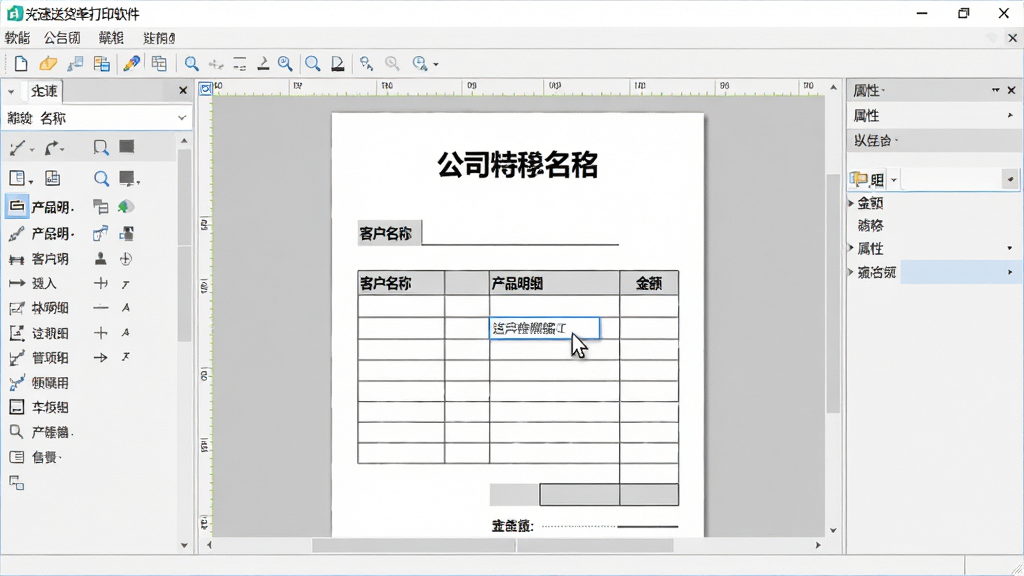 主体:软件中“光速送货单打印软件”的模板设计界面,左侧是控件列表,右侧是正在编辑的送货单设计面板,画布上显示公司名称和表格;布局:工具栏在上,编辑区居中,属性面板在右侧;风格:简洁的商务软件风格,色彩以浅灰和白色为主;细节:画布中的送货单有“客户名称”“产品明细”“金额”等字样,鼠标指针指向一个文本框;画质:清晰,干净,无多余元素。