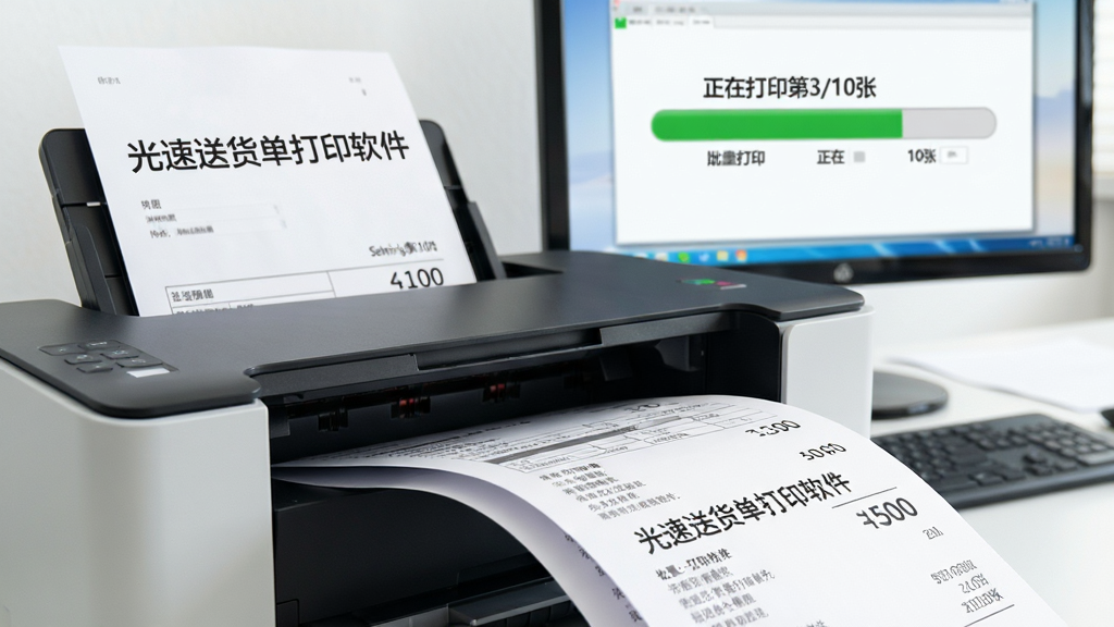 主体:一台打印机正在快速输出多张纸质送货单,单据上印有“光速送货单打印软件”生成的表格内容,电脑屏幕显示批量打印进度条;布局:前景为打印机出纸口,背景为电脑屏幕,形成远近对比;风格:写实风格,光线明亮;细节:纸张上文字清晰可辨,进度条显示“正在打印第3/10张”;画质:高清,干净,无多余元素。