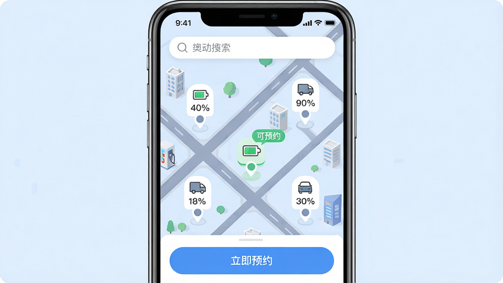 ���壺�ֻ���Ļչʾ�¶�����APP�Ļ���վ��ͼ���棬�ж��վ���ǣ�����һ��վ����ʾ����ԤԼ����ǩ�����֣��ֻ����У���Ļ���������ɼ�����ͼ����Ϊ����ɫ���Ű棺UI������Ƽ�࣬�ײ��С�����ԤԼ����ť����񣺱�ƽ���ִ�UI������ﻯͼ�ꡣϸ�ڣ���ͼ���е�·�ͽ�����վ��ͼ��������ٷֱȣ����������������ʣ����壬�ɾ����޶���Ԫ�ء�