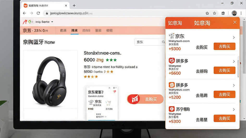 一张高清截图风格的图片,主体为电脑浏览器界面,网页正展示某品牌蓝牙耳机商品详情页。界面右侧悬浮着“如意淘”比价浮窗,浮窗内以列表形式罗列了京东、拼多多、苏宁易购等平台的价格与“去购买”按钮。布局清晰,强调数据对比的直观性。图片风格写实,细节丰富,画质清晰,色彩真实,画面干净无其他杂物。
