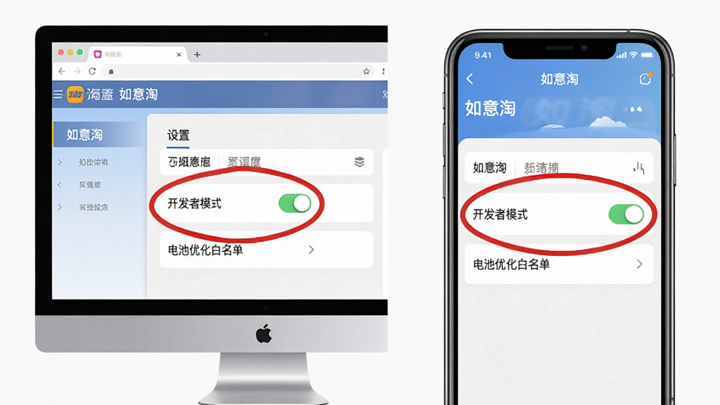 一张分屏对比示意图,左侧是电脑端浏览器界面,右侧是手机App界面。两者均显示“如意淘”的设置页面,重点区域用红色圆圈标出“开发者模式”开关和“电池优化白名单”选项。画面布局清晰,对比强烈,色调明亮,写实风格,画质高清,干净整洁。