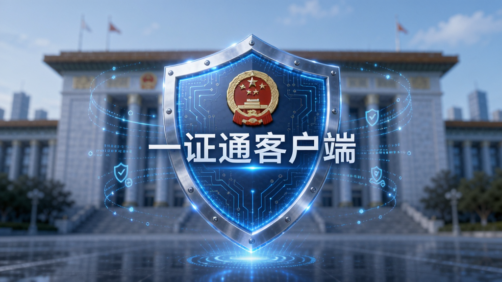 画面主体为一块发光的电子盾牌与“一证通客户端”字样,背景是模糊的政府大楼与城市剪影,布局采用居中对称,盾牌周围环绕数字认证与数据流线条,风格写实且具有科技感,细节包含盾牌上的国徽纹理与细微光芒,整体画质高清干净,无多余元素。