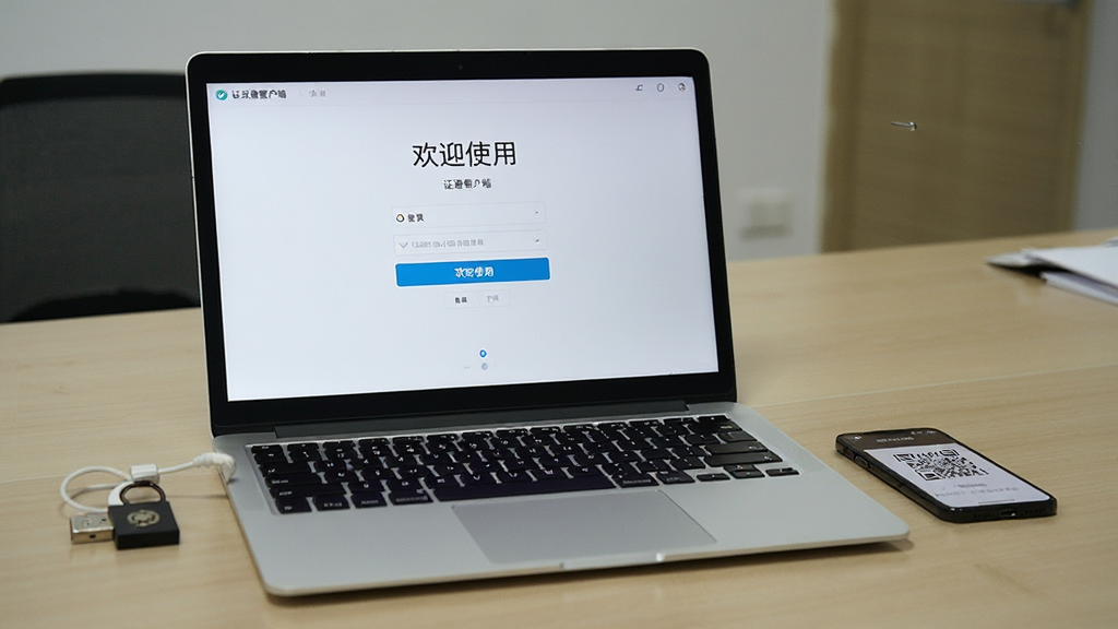 一张办公桌实拍图,桌面摆放笔记本电脑显示一证通客户端登录界面,旁边放着USBKey介质与手机,布局自然,风格写实,细节包含屏幕上的“欢迎使用”字样与手机扫码界面,画面干净无杂乱元素。