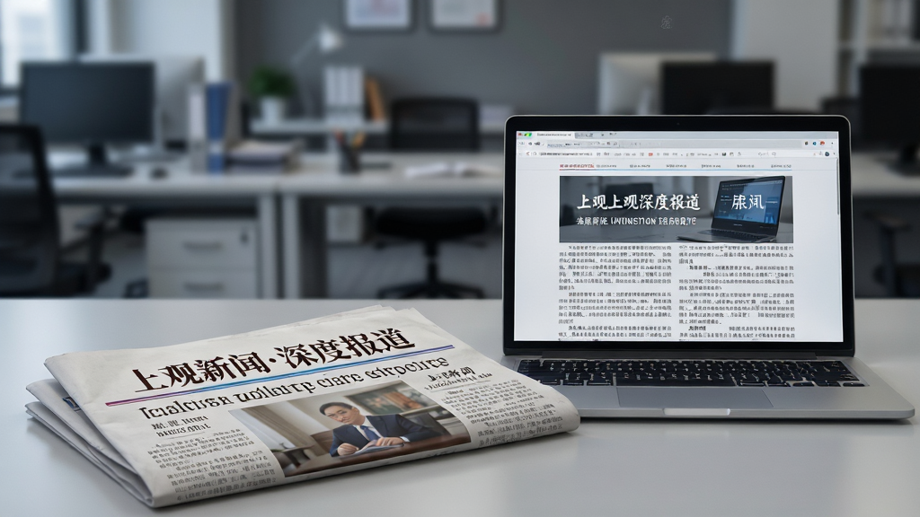 主体:一张虚拟的“上观新闻”编辑部场景,桌面上摆放着带有“上观新闻”标识的报纸和一台笔记本电脑,屏幕显示深度报道页面。布局:画面采用平视视角,编辑部背景虚化,突出前景的报纸与电脑。排版:报纸与电脑形成对角线构图。风格:写实商务风,色调沉稳。细节:报纸标题为“上观新闻深度报道”,电脑屏幕上有清晰的文字段落。画质:高清,干净,无多余元素。